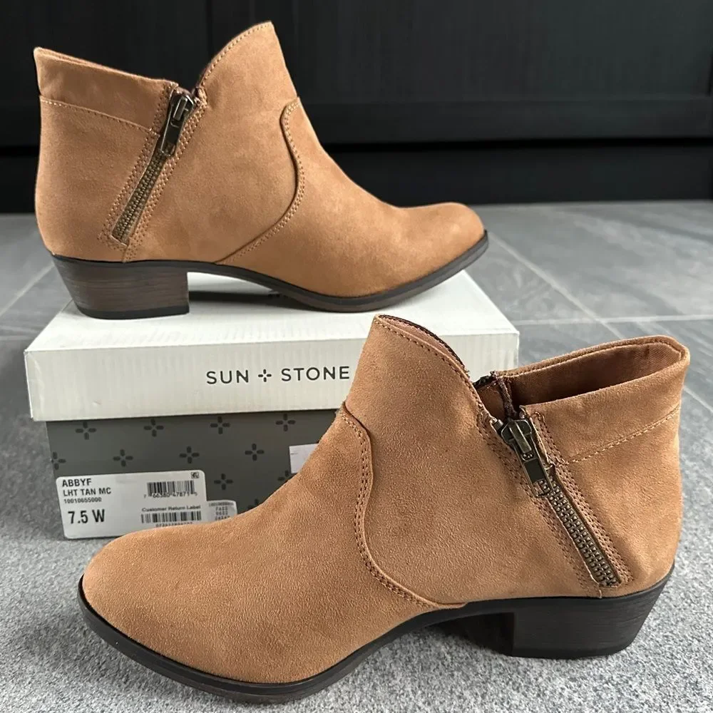 NIB Sun & Stone Abby Ankle Boot Tan Faux Suede Side Zip Booties Women's 7.5W